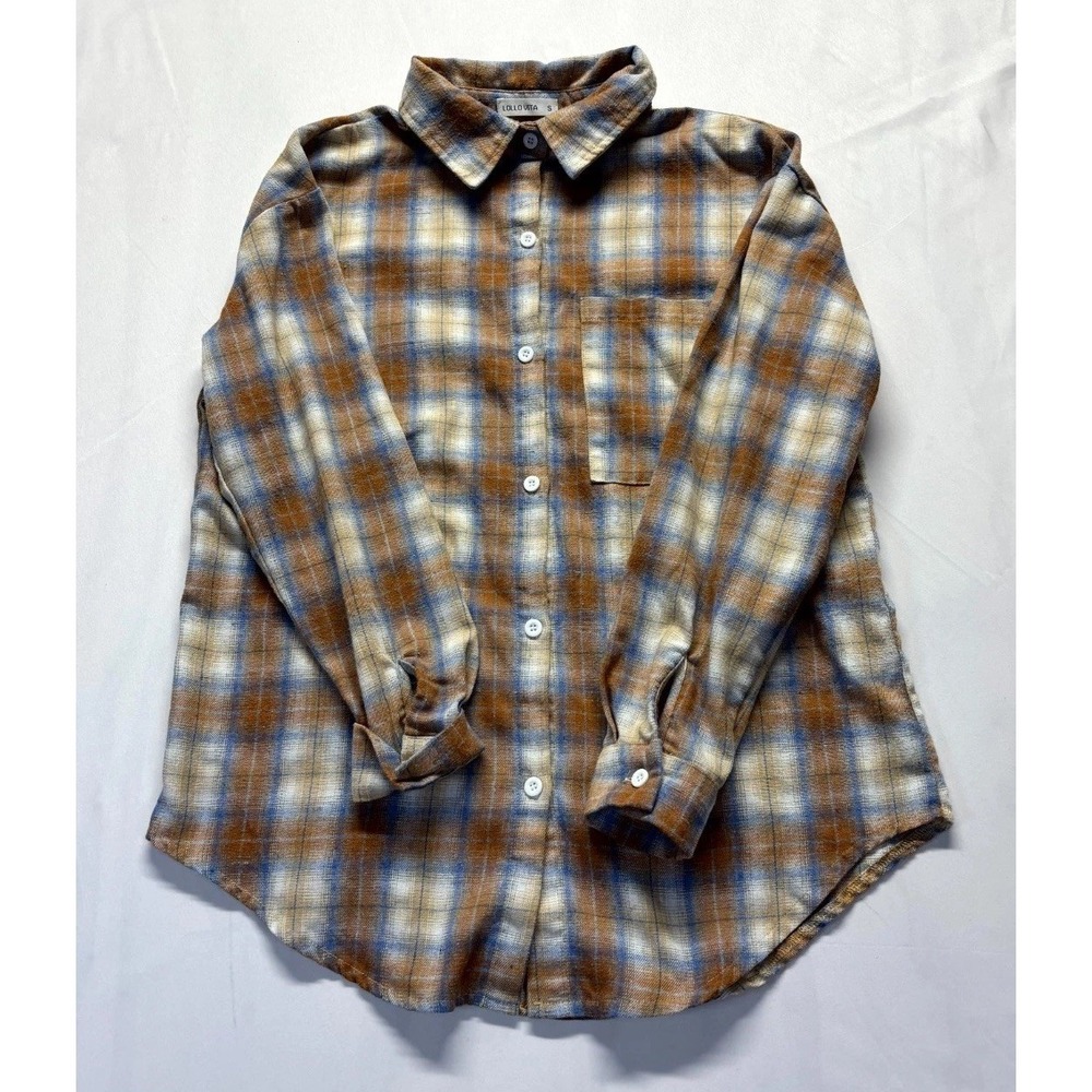 Lollo Vita Flannel Shirt Womens Small Multicolor Plaid Curved Hem Button Up